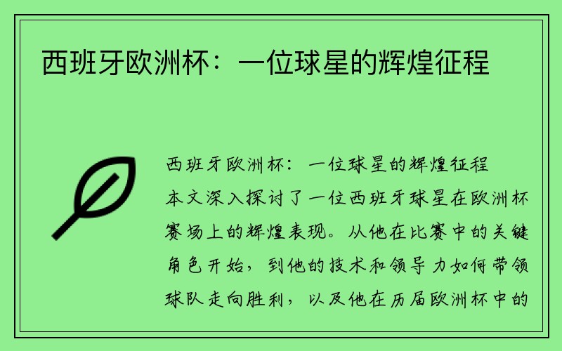 西班牙欧洲杯：一位球星的辉煌征程