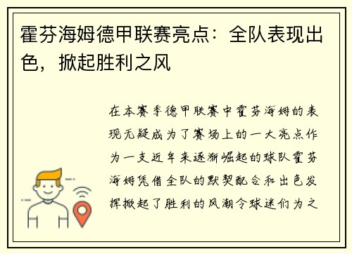 霍芬海姆德甲联赛亮点:全队表现出色,掀起胜利之风
