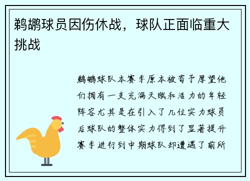鹈鹕球员因伤休战,球队正面临重大挑战